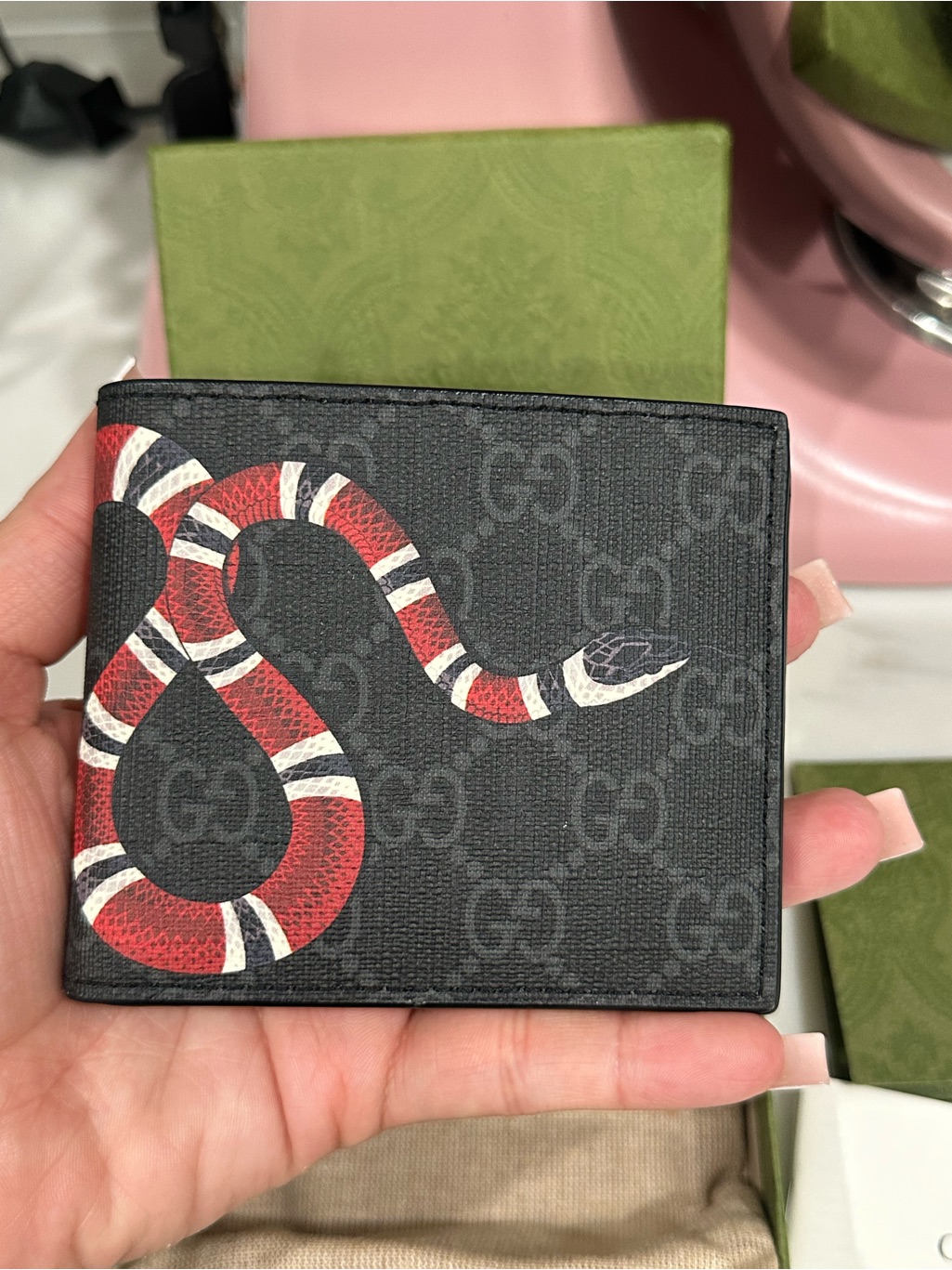 Gucci Black Canvas Bi-Fold Wallet With Red Snake Print